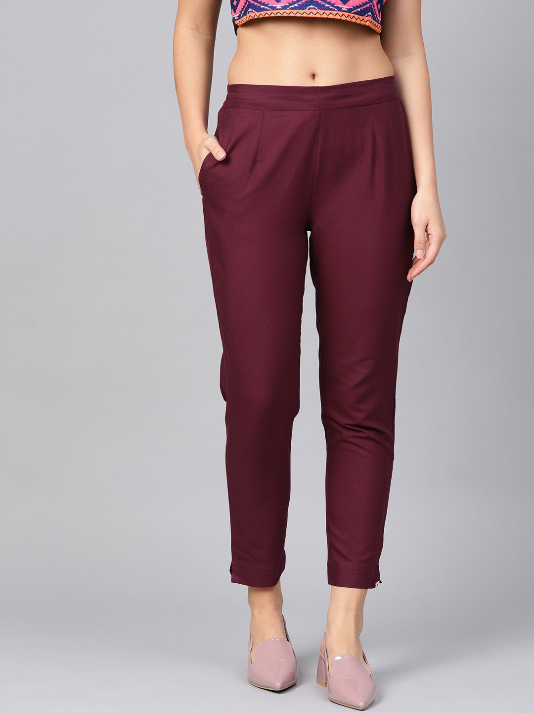 Juniper Women Burgundy Cotton Flex Solid Slim Fit Pant/Slim Pant