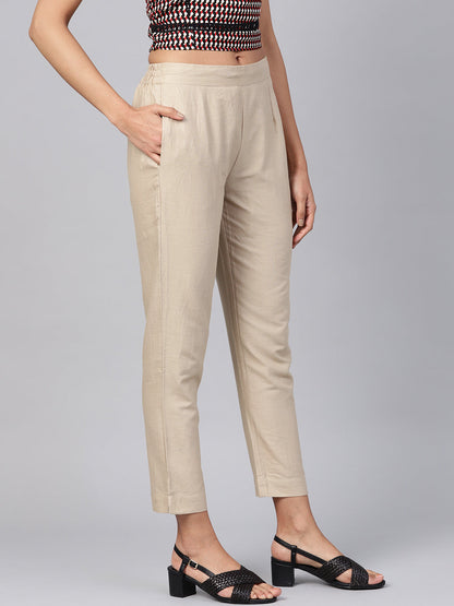 Juniper Women Sandgrey Cotton Flex Solid Slim Fit Pant/Slim Pant