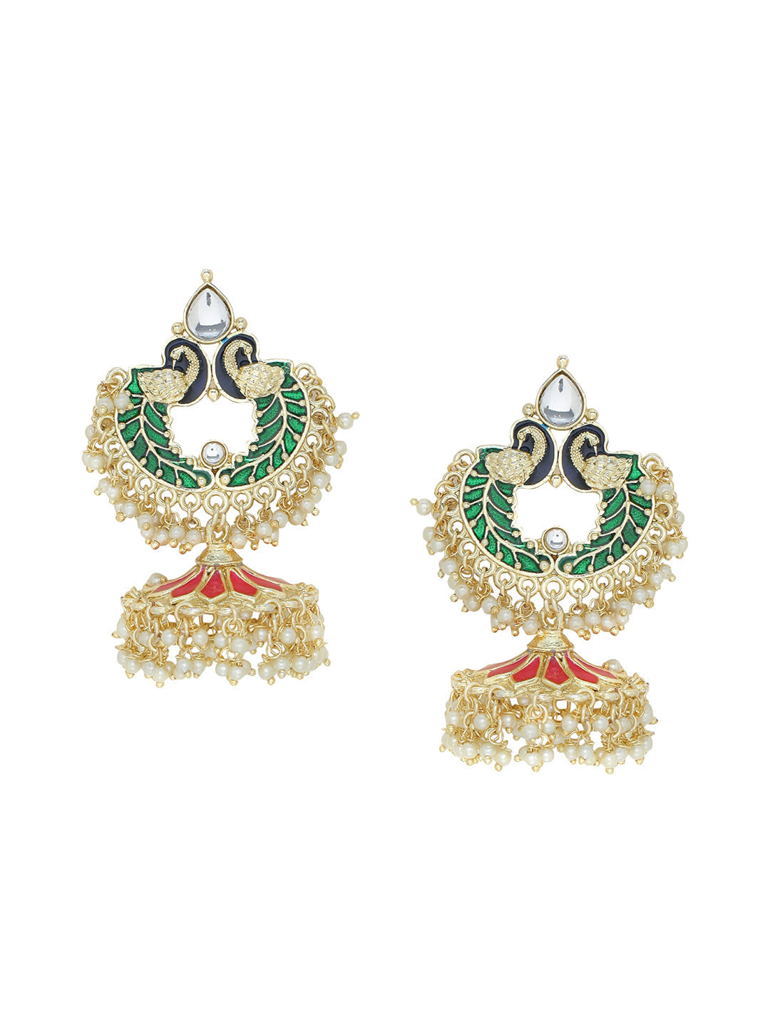 Shoshaa Gold-Polished Green Enamelled Peacock Shaped Jhumkas