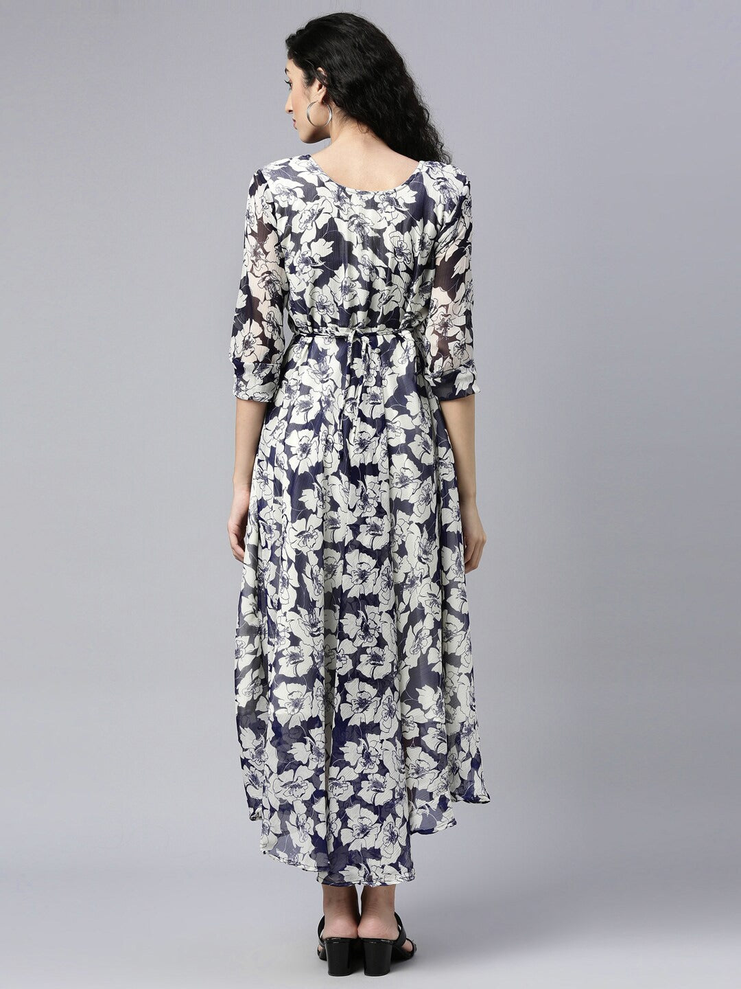 Souchii White Floral Layered Chiffon Empire Midi Dress