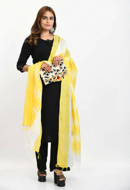 Mominos Fashion Moeza Women's Handloom Cotton Ikkat Yellow Dupatta
