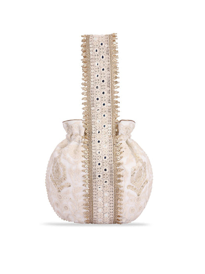 Masq Off White & Gold-Toned Embellished Embroidered Potli Clutch