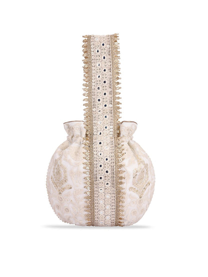 Masq Off White & Gold-Toned Embellished Embroidered Potli Clutch