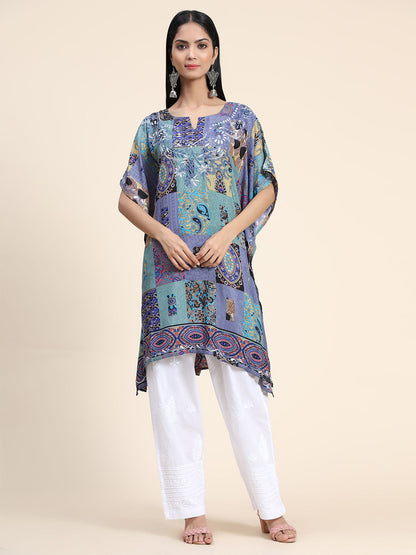 HOUSE OF KARI Ethnic Motifs Printed Notched Neck Chikankari Embroidery Cotton Kaftan Kurta