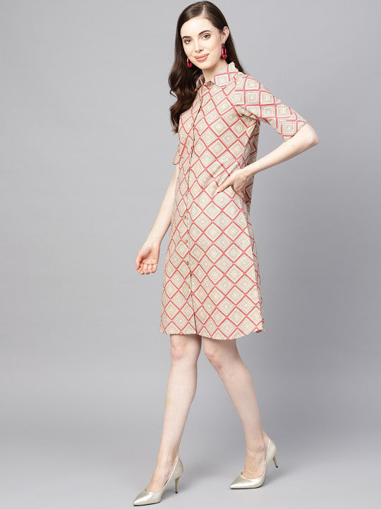 Anayna Women Beige & Pink Printed Shirt Dress
