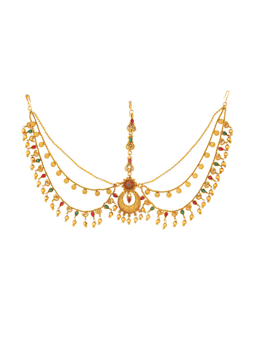 Yellow Chimes Gold-Polished Red & Green Stone-Studded Layered Bridal Maatha Patti