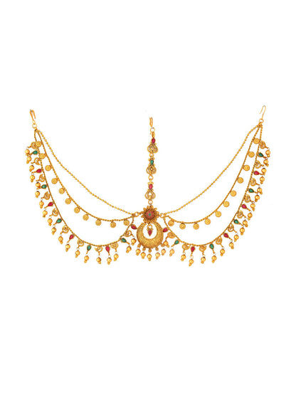 Yellow Chimes Gold-Polished Red & Green Stone-Studded Layered Bridal Maatha Patti