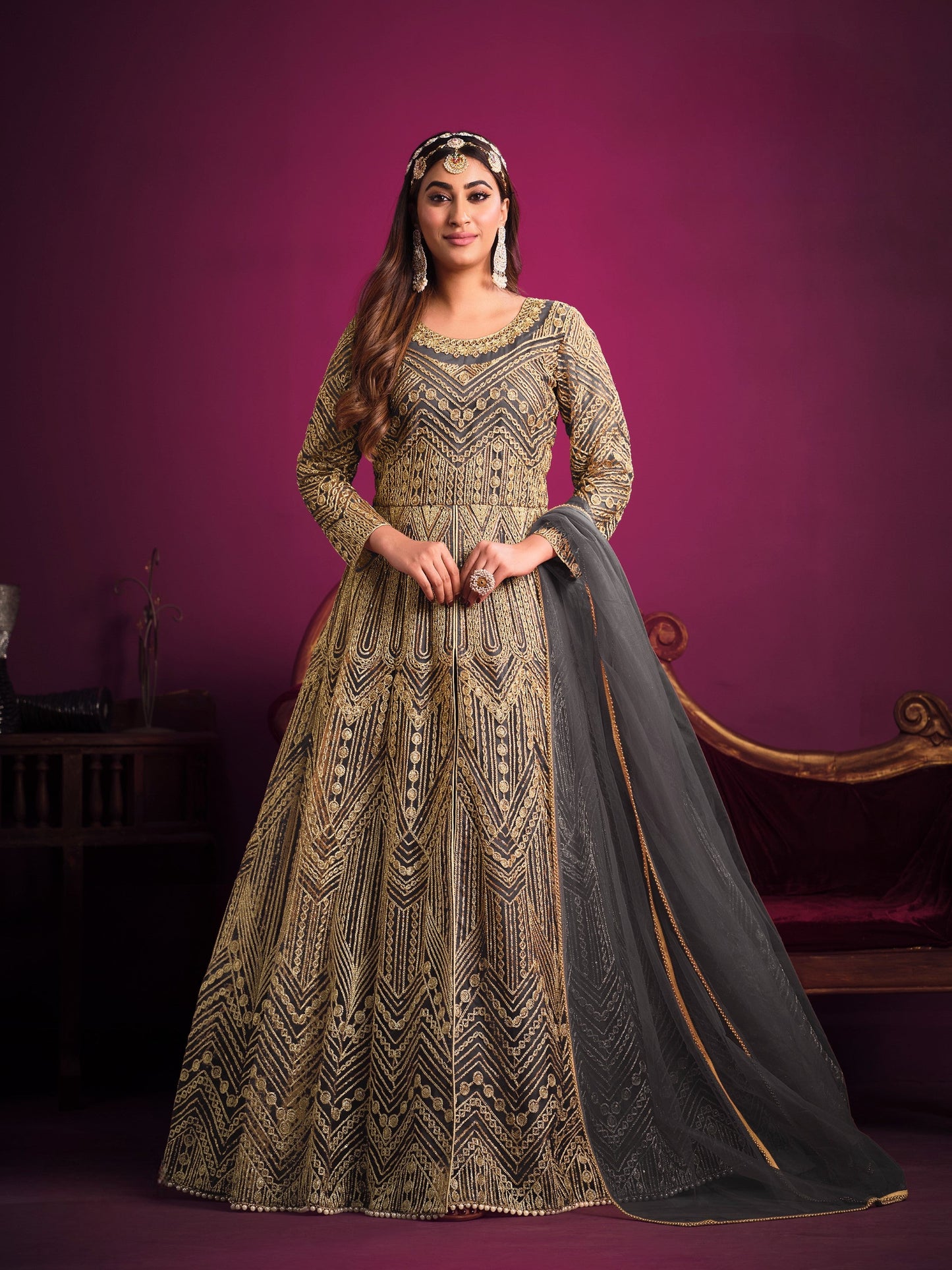 Anaita Grey Embroidered Net Anarkali Suit