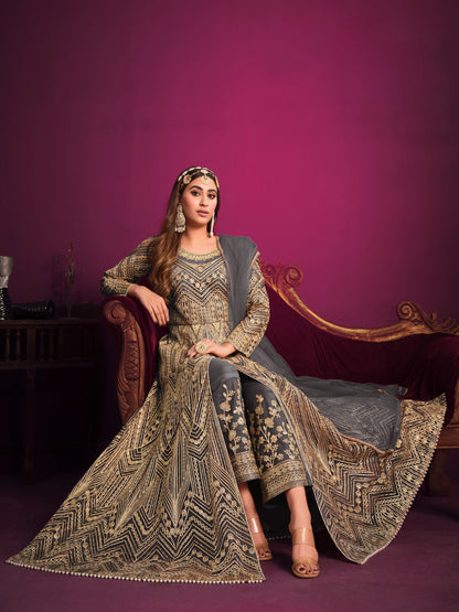Anaita Grey Embroidered Net Anarkali Suit