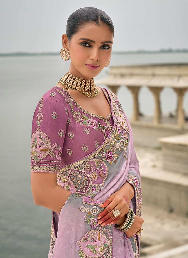 Monjolika Fashion Lavender Color Banarasi Silk Blend Embroidered With Heavy Patchwork Border Saree
