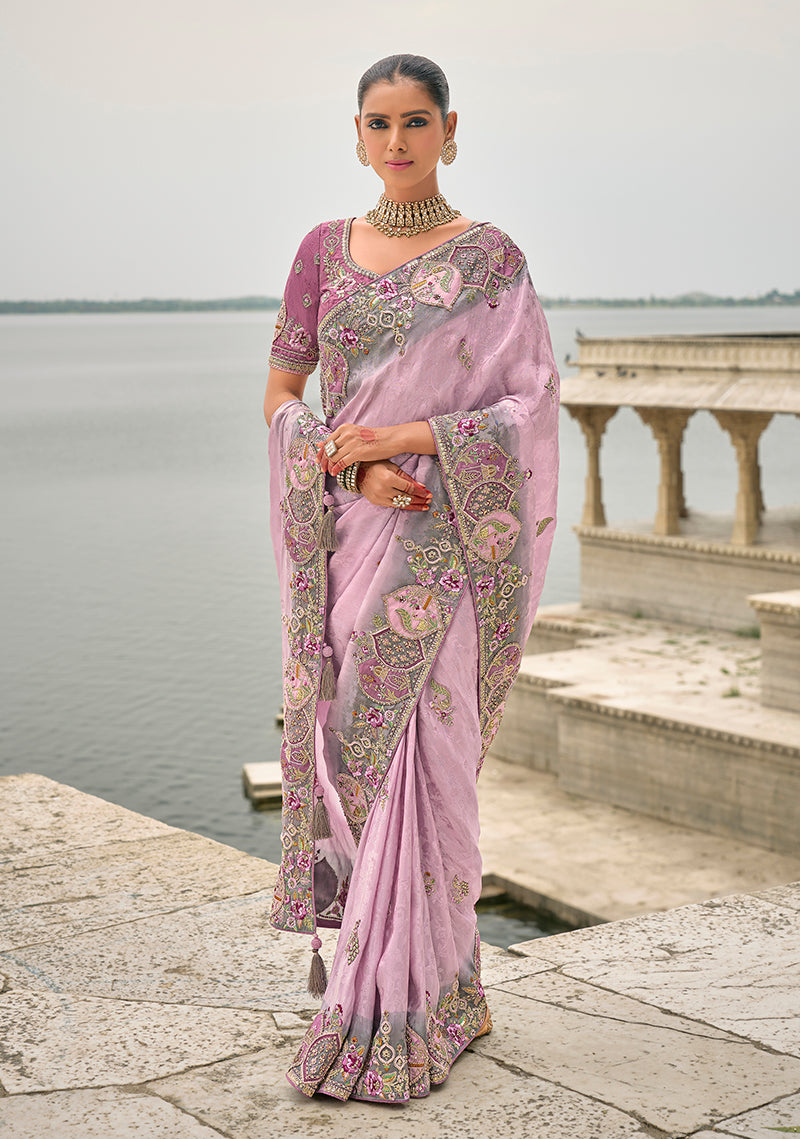 Monjolika Fashion Lavender Color Banarasi Silk Blend Embroidered With Heavy Patchwork Border Saree