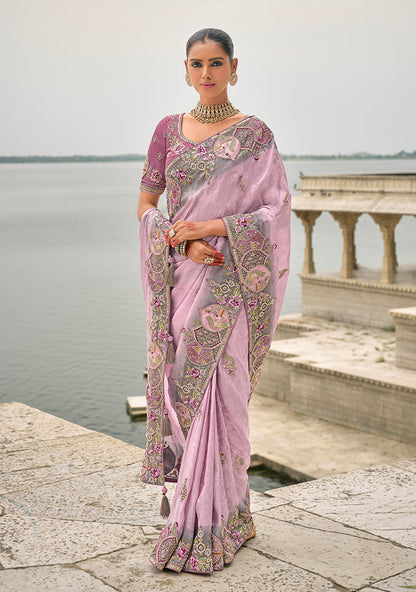Monjolika Fashion Lavender Color Banarasi Silk Blend Embroidered With Heavy Patchwork Border Saree