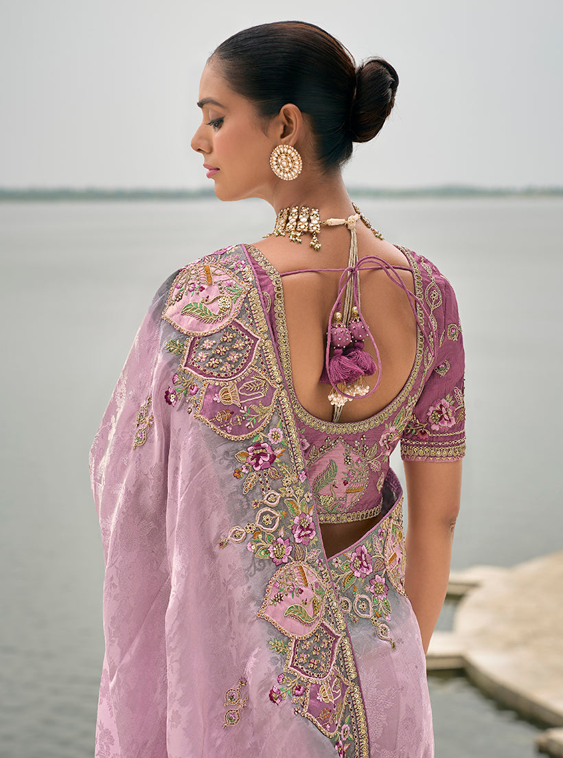 Monjolika Fashion Lavender Color Banarasi Silk Blend Embroidered With Heavy Patchwork Border Saree