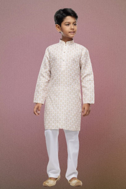 Raivat Ethnic Cotton Digital Print Kids Kurta Pajama In Light Beige Colour