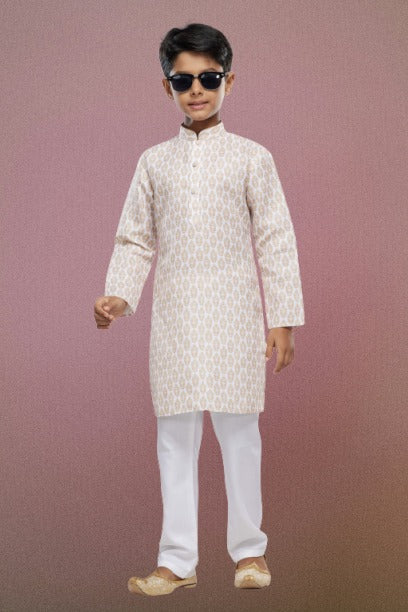 Raivat Ethnic Cotton Digital Print Kids Kurta Pajama In Light Beige Colour