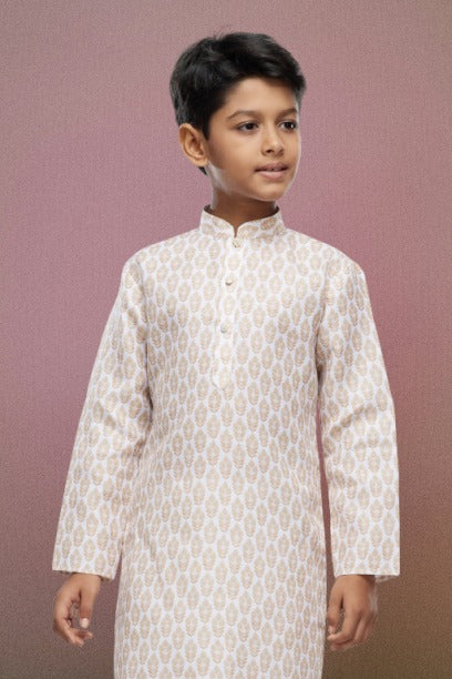 Raivat Ethnic Cotton Digital Print Kids Kurta Pajama In Light Beige Colour
