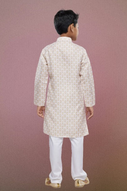 Raivat Ethnic Cotton Digital Print Kids Kurta Pajama In Light Beige Colour