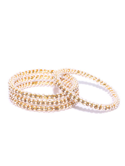 Gold-Polished Alloy Pearl And Rhinestones Studded Bangle Set - The Pari