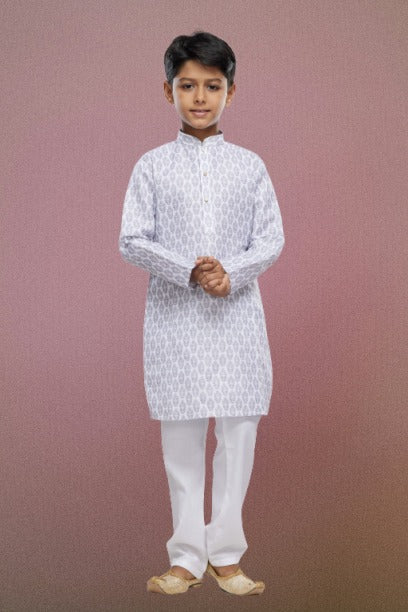Raivat Ethnic Cotton Digital Print Kids Kurta Pajama In Light Grey Colour