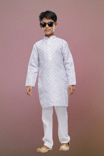 Raivat Ethnic Cotton Digital Print Kids Kurta Pajama In Light Grey Colour