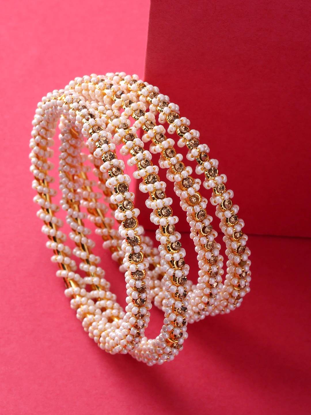 Gold-Polished Alloy Pearl And Rhinestones Studded Bangle Set - The Pari