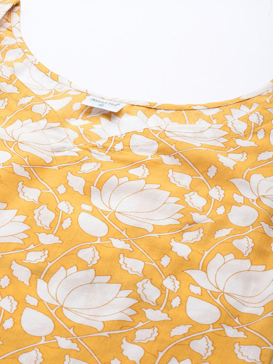 Anayna Women Yellow & White Pure Cotton Floral Printed Floral Kurta
