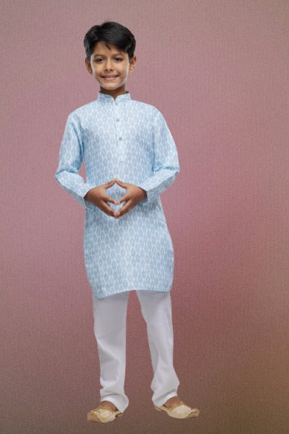 Raivat Ethnic Cotton Digital Print Kids Kurta Pajama In Light Blue Colour