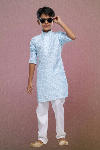 Raivat Ethnic Cotton Digital Print Kids Kurta Pajama In Light Blue Colour