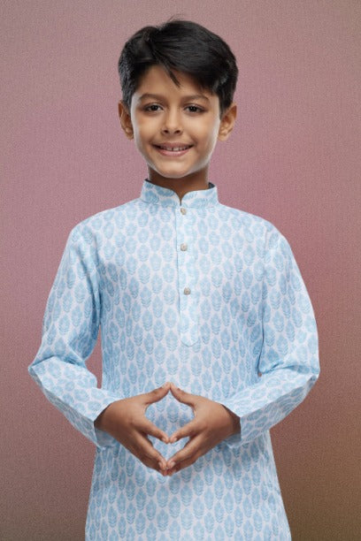 Raivat Ethnic Cotton Digital Print Kids Kurta Pajama In Light Blue Colour