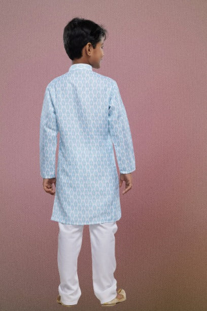 Raivat Ethnic Cotton Digital Print Kids Kurta Pajama In Light Blue Colour