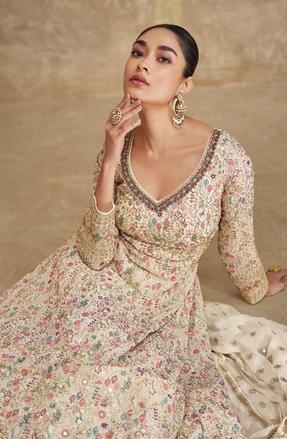 Anaita White Real Georgette Sequins Embroidered Anarkali Salwar Suit