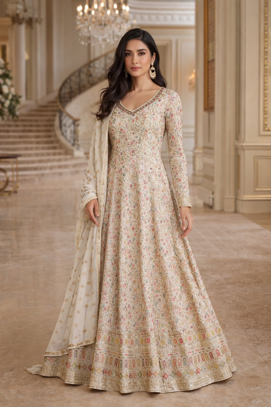 Anaita Cream Georgette Stitched Anarkali Suit with Embroidery Sequence Work