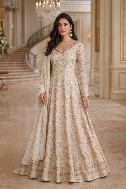 Anaita Cream Georgette Stitched Anarkali Suit with Embroidery Sequence Work