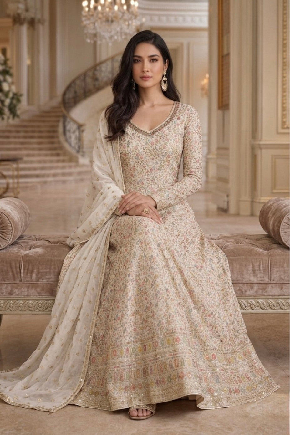 Anaita Cream Georgette Stitched Anarkali Suit with Embroidery Sequence Work