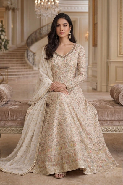 Anaita Cream Georgette Stitched Anarkali Suit with Embroidery Sequence Work