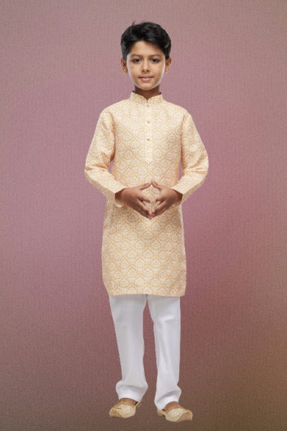 Raivat Ethnic Cotton Digital Print Kids Kurta Pajama In Yellow Colour