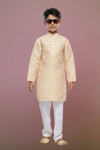 Raivat Ethnic Cotton Digital Print Kids Kurta Pajama In Yellow Colour