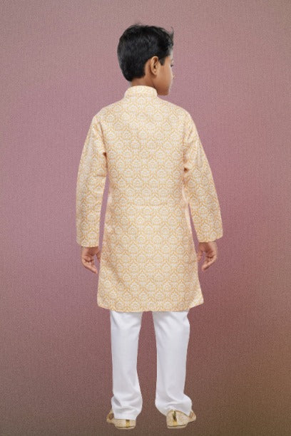 Raivat Ethnic Cotton Digital Print Kids Kurta Pajama In Yellow Colour