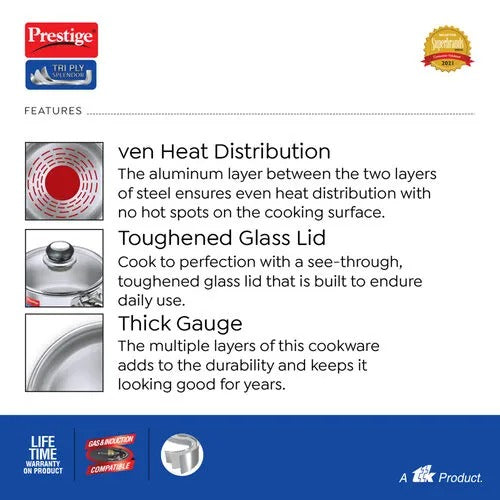 Prestige Tri-Ply Splendor Stainless Steel Sauce Pan with Glass Lid
