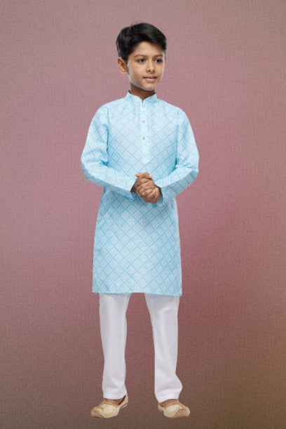 Raivat Ethnic Cotton Digital Print Kids Kurta Pajama In Sky Blue Colour