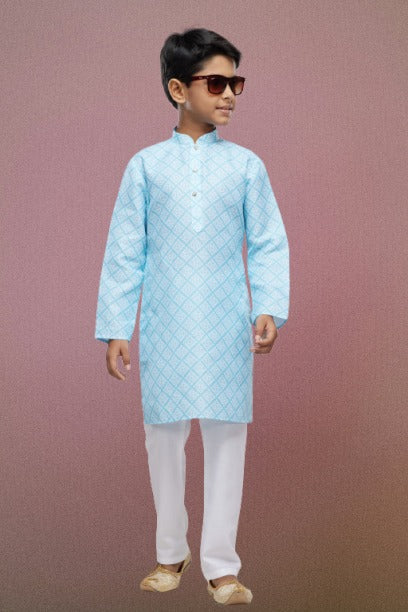 Raivat Ethnic Cotton Digital Print Kids Kurta Pajama In Sky Blue Colour