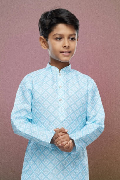 Raivat Ethnic Cotton Digital Print Kids Kurta Pajama In Sky Blue Colour