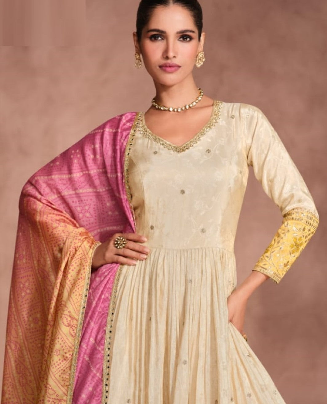 Anaita Off White & Yellow Viscose Shimmer Embroidered Readymade Anarkali Suit