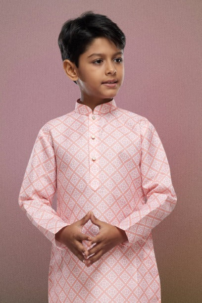 Raivat Ethnic Cotton Digital Print Kids Kurta Pajama In Peach Colour