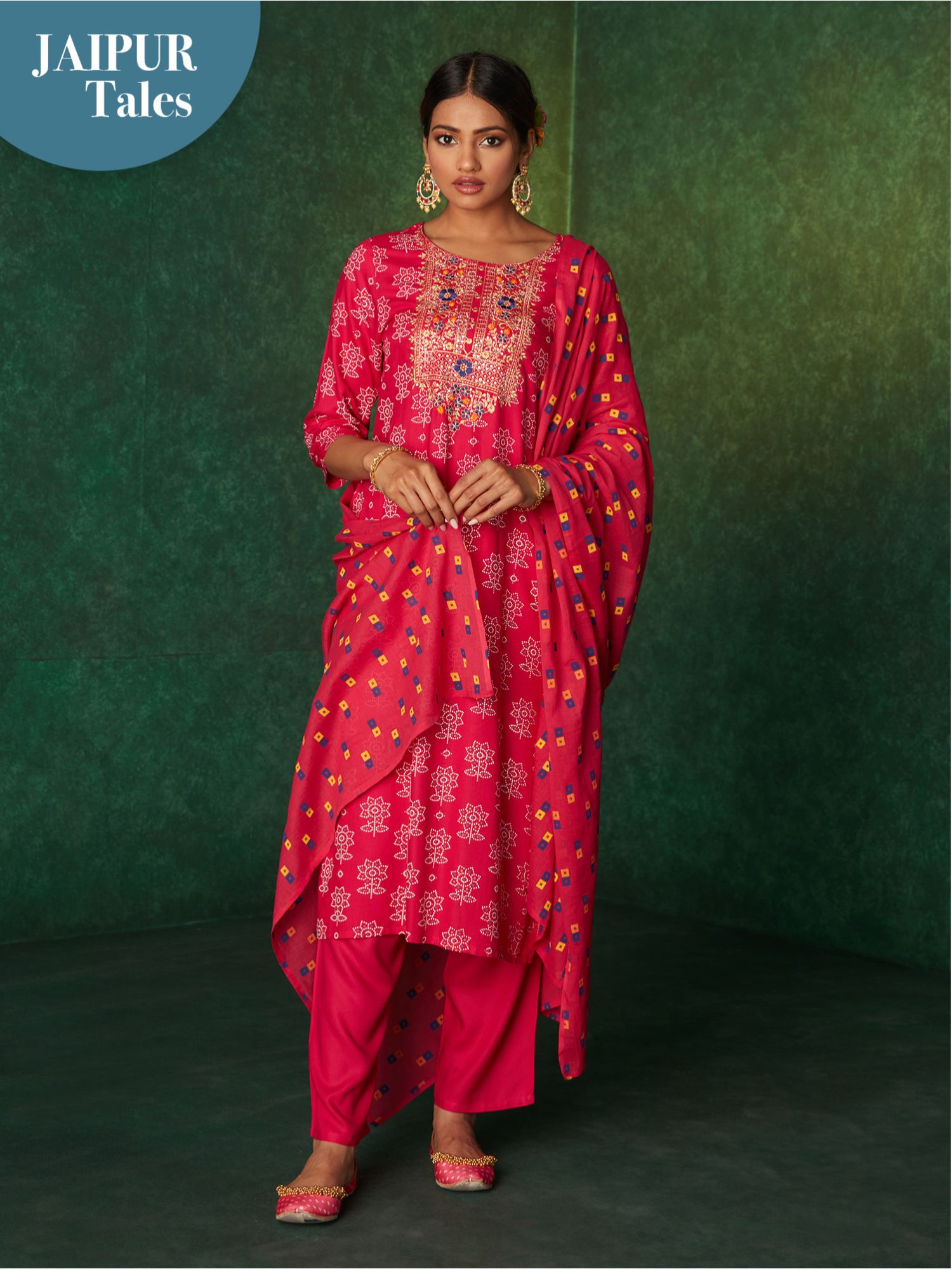 Likha Pink Printed Zari Sequins Work Kurta, Pant & Dupatta LIKSKD167 (Set of 3) - S