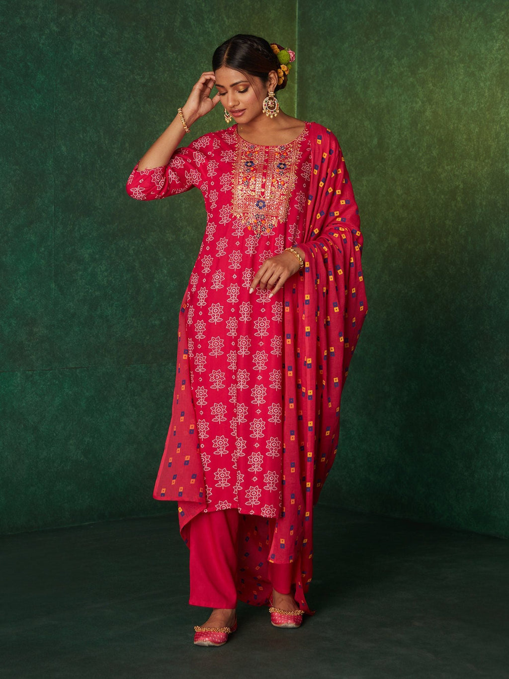 Likha Pink Printed Zari Sequins Work Kurta, Pant & Dupatta LIKSKD167 (Set of 3) - S