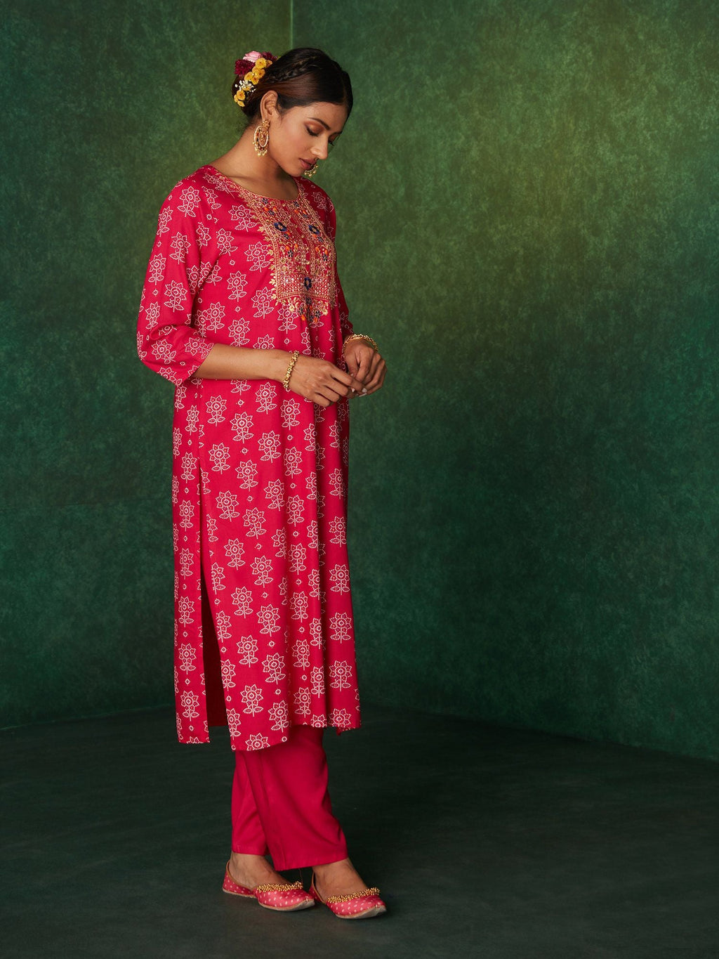 Likha Pink Printed Zari Sequins Work Kurta, Pant & Dupatta LIKSKD167 (Set of 3) - S