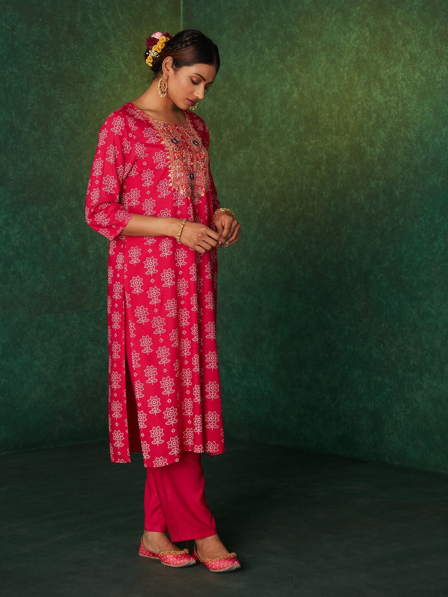 Likha Pink Printed Zari Sequins Work Kurta, Pant & Dupatta LIKSKD167 (Set of 3) - S