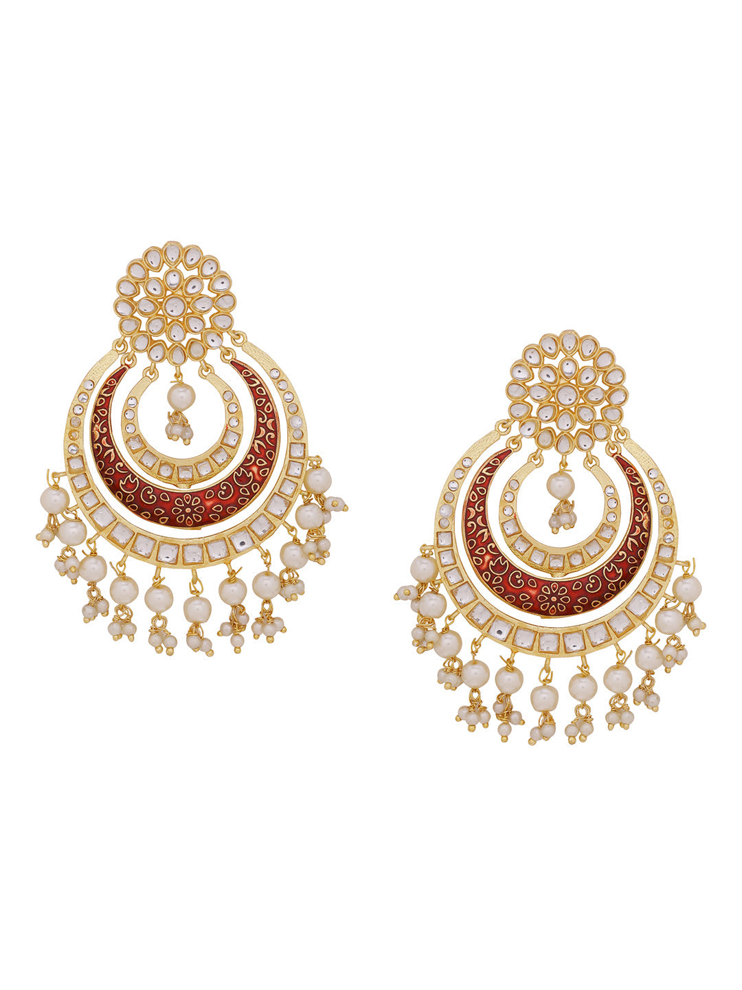 Shoshaa Red & Off-White Kundan Studded & Beaded Crescent Shaped Chandbalis