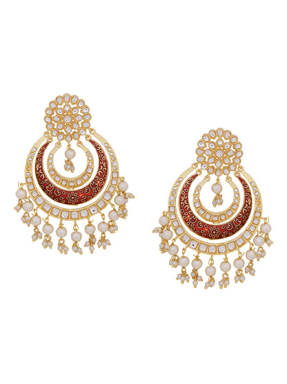 Shoshaa Red & Off-White Kundan Studded & Beaded Crescent Shaped Chandbalis